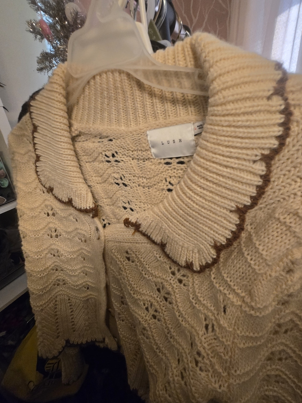 Lush Cream Pointelle Knit Cardigan with Brown Trim